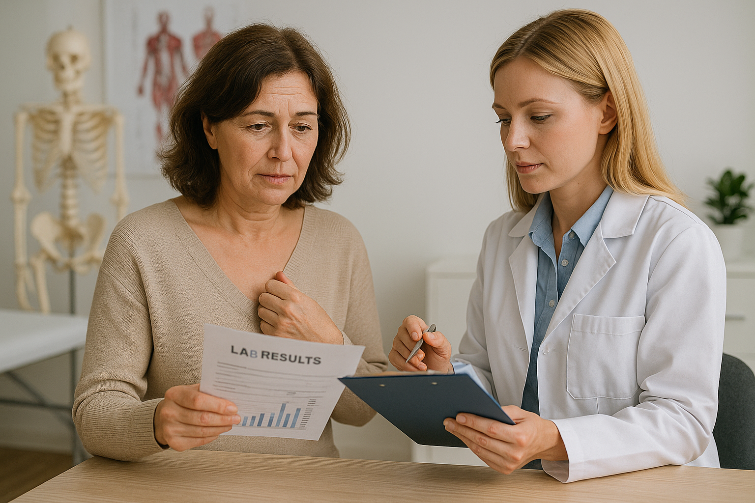 Clinician reviewing hormone and metabolic lab results during a women's health consultation