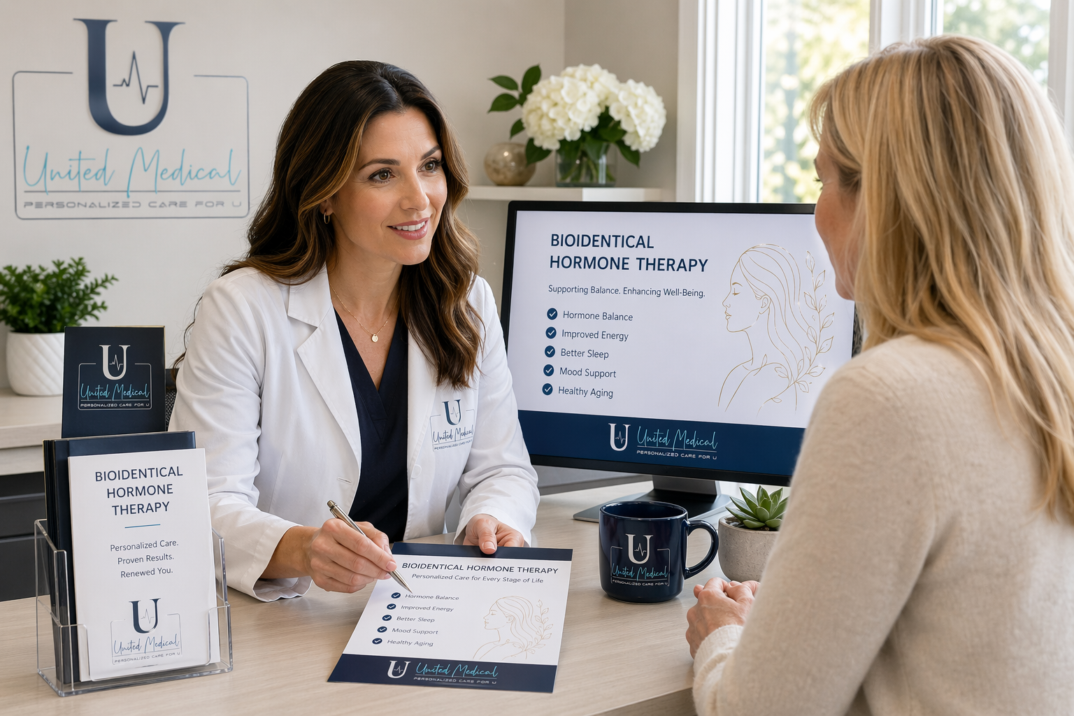 Woman discussing hormone health with a clinician at United Medical